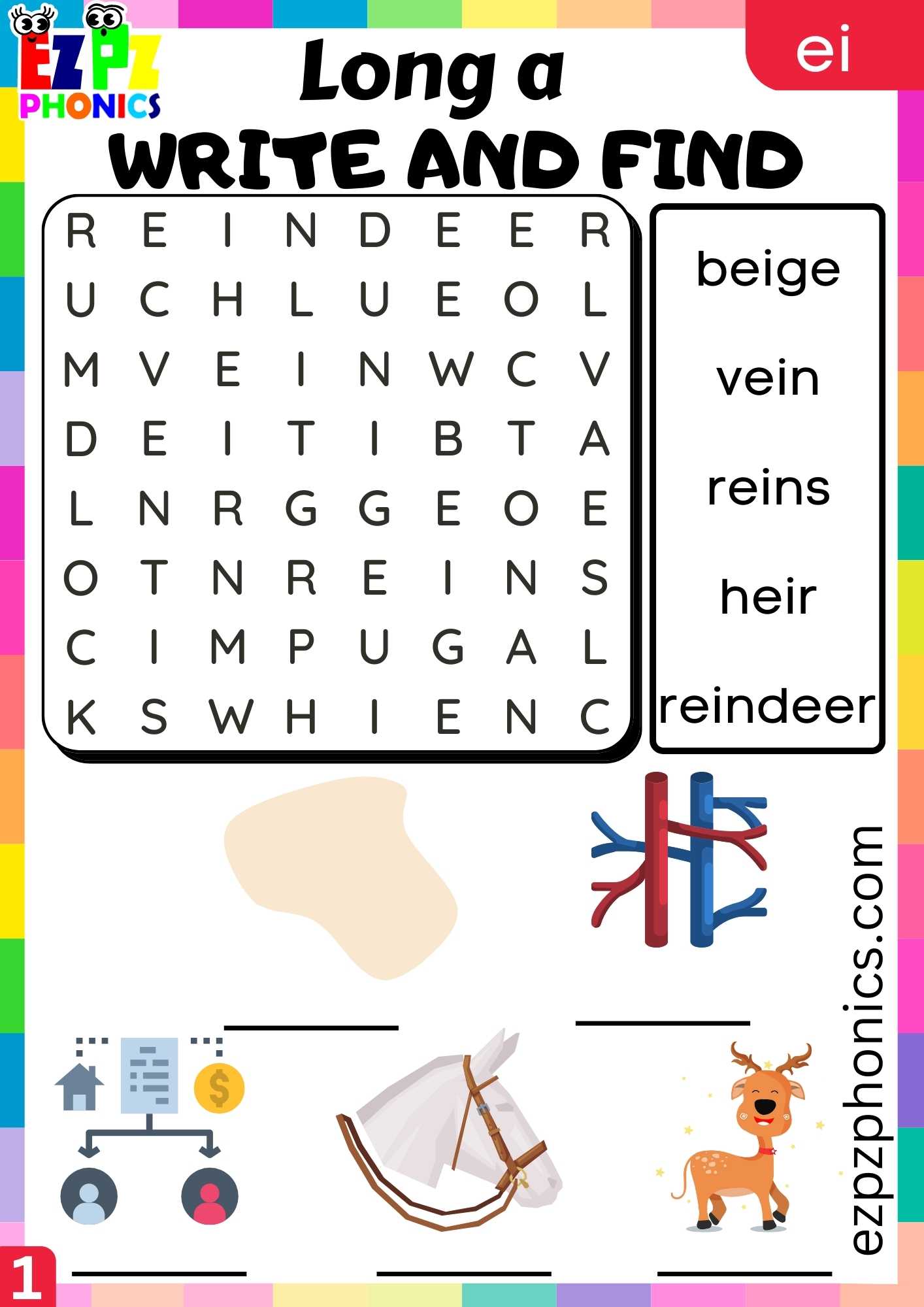 EI Words Write And Find Long A Phonics Worksheet